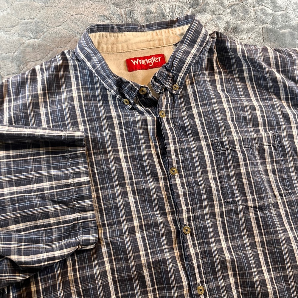 Wrangler Mens Plaid Button Down Shirt 2XL Blue White Short Sleeve Casual